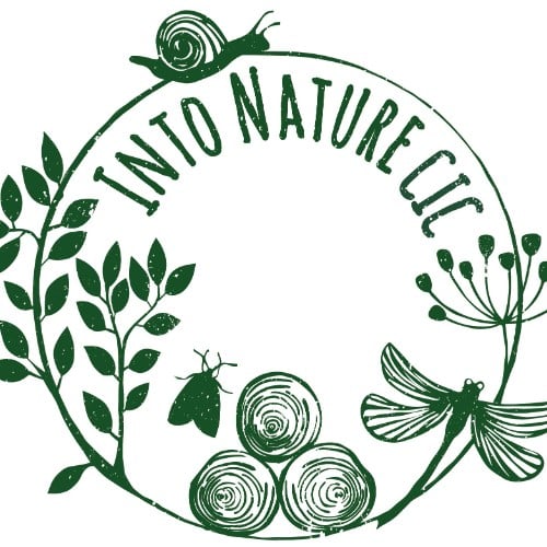 Circle with plants, snail, dragonfly, moth and Into Nature CIC