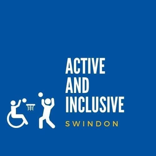 symbol of person in a wheelchair and person standing playing basketball, text reads 'Active and inclusive swindon'