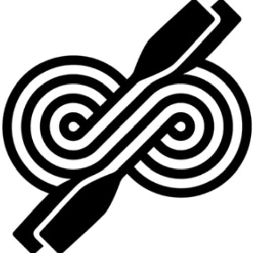 Just Row Gloucestershire logo. A continuous four lines that create two circles with rowing oars at the top and bottom