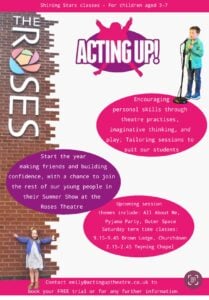 Shining Stars Poster shows the Acting Up logo, it shows a small femial child with outstretched arms outside under the Roses Theatre sign and has an image of a young child with a microphone on a stand. There are 3 pink ovals with text in them. It says Shining Stars classes for ages 3 to 7 at the top
