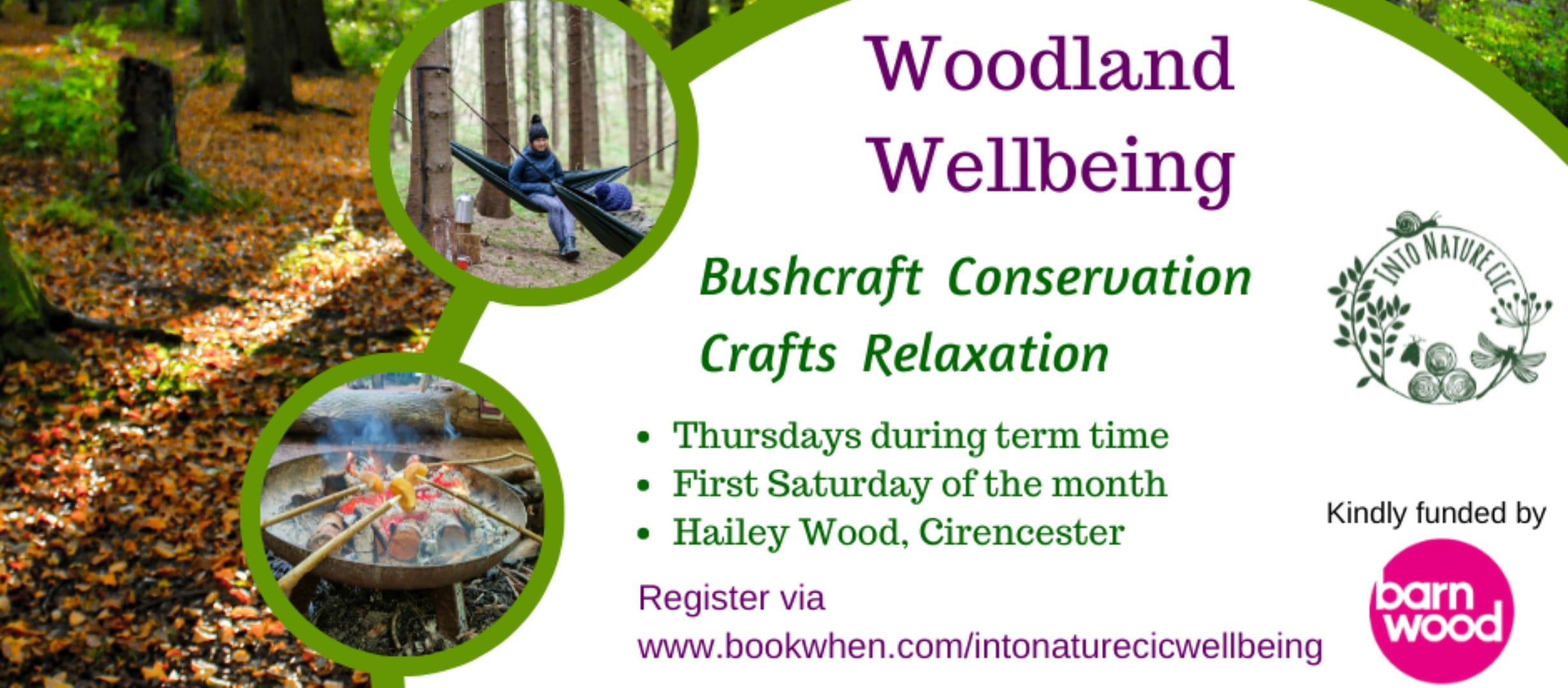 Beech woodland, toasting apples on sticks over the campfire, a woman in a hammock