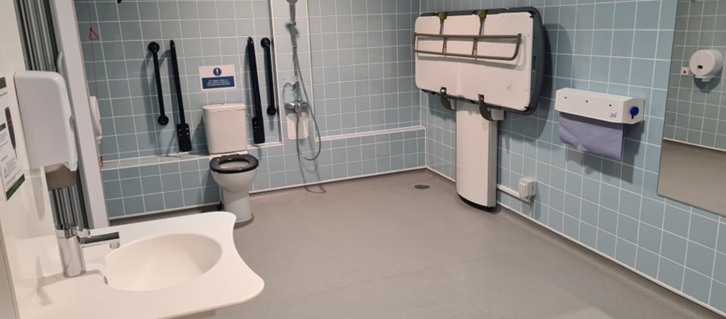 room with sink, changing table, hoist and acessible toilet