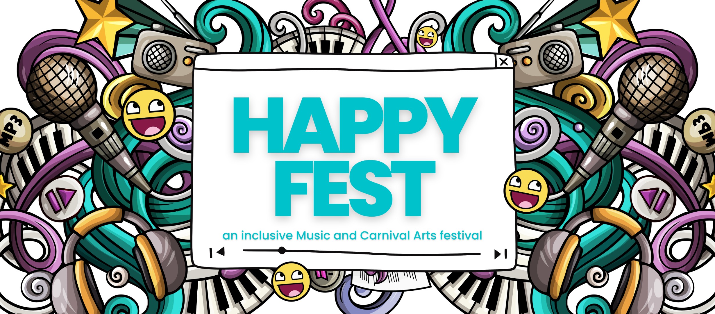 This image is full of colour, showing mirophones, keyboards, speakers , headphones and happy faces - sharing the title of this event: HappyFest