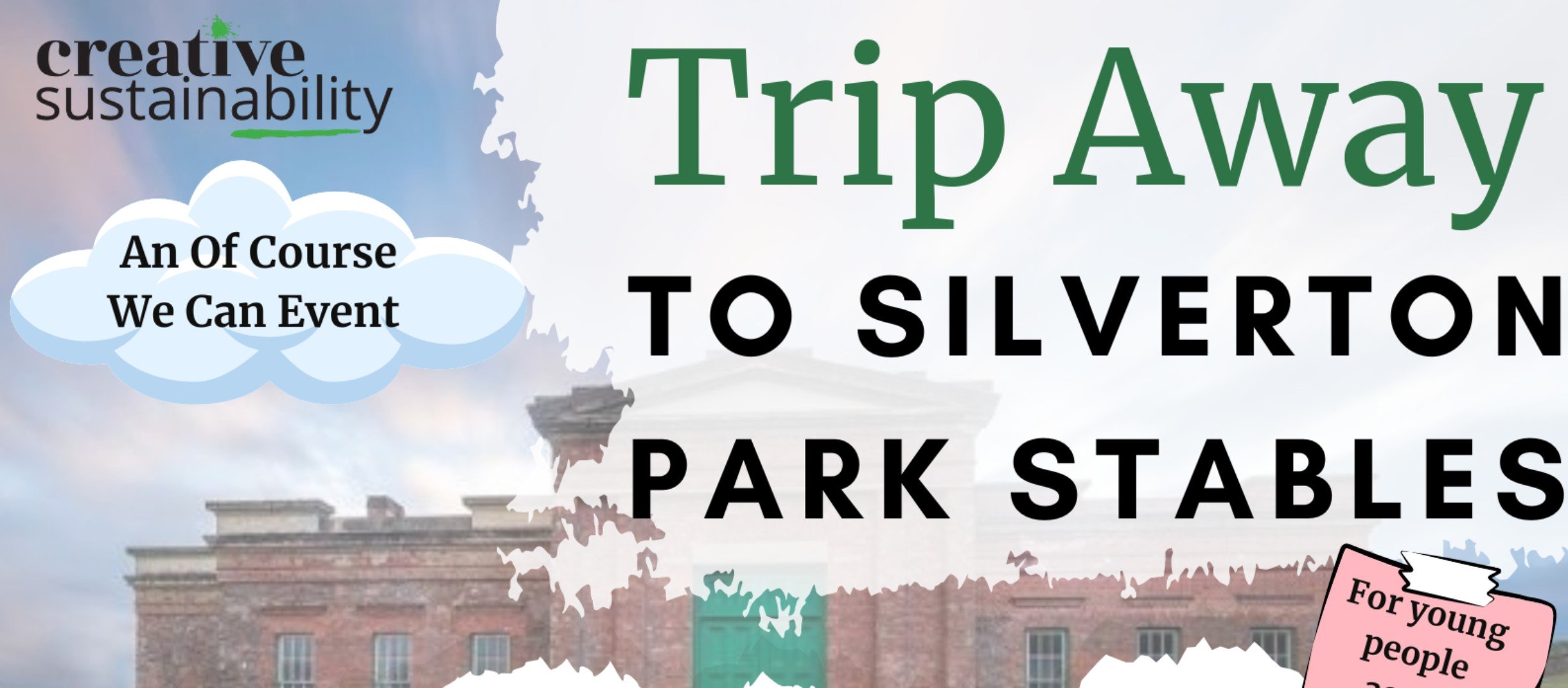Picture of red brick stately home overlayed with text 'Trip away to Silverton Park Stables'