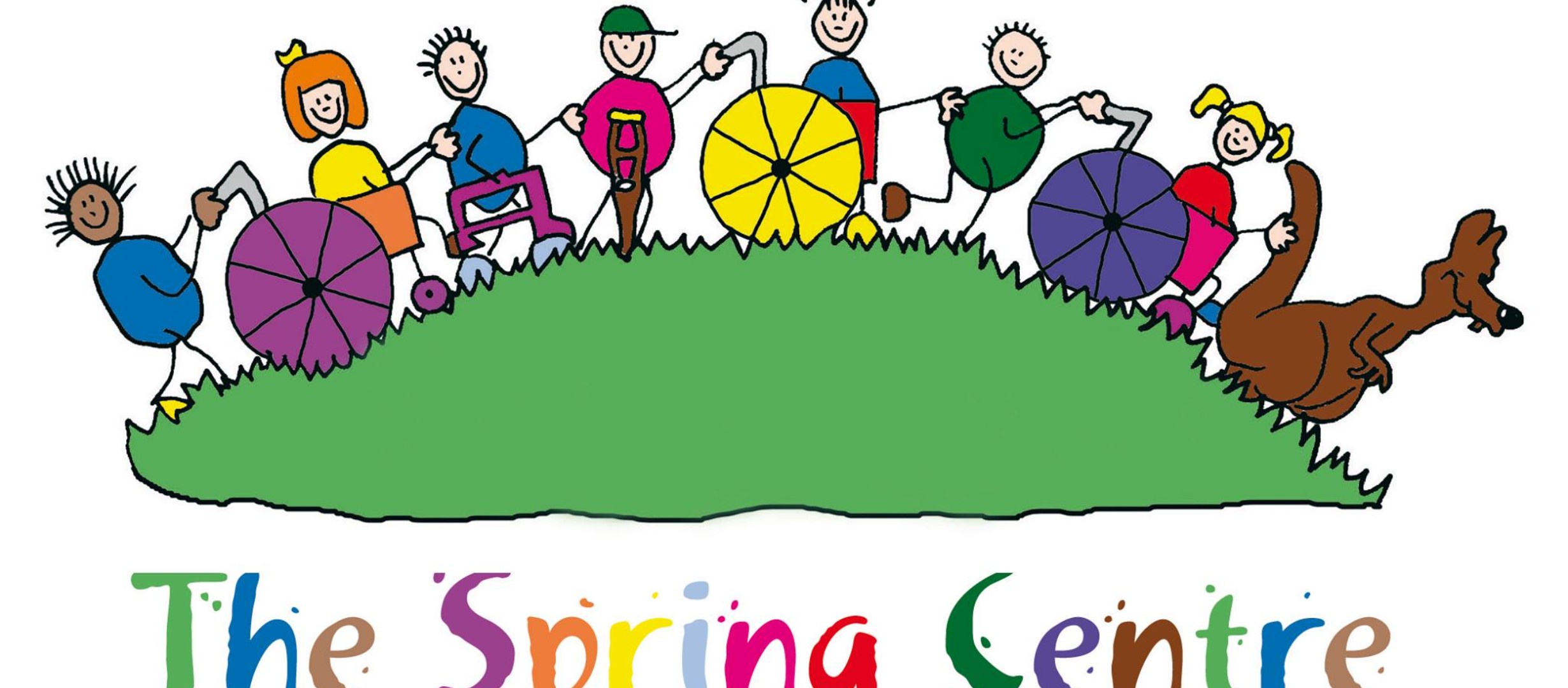 Spring centre logo of a green hill with cartoon people in bright colours, some in wheelchairs, plus a kangaroo