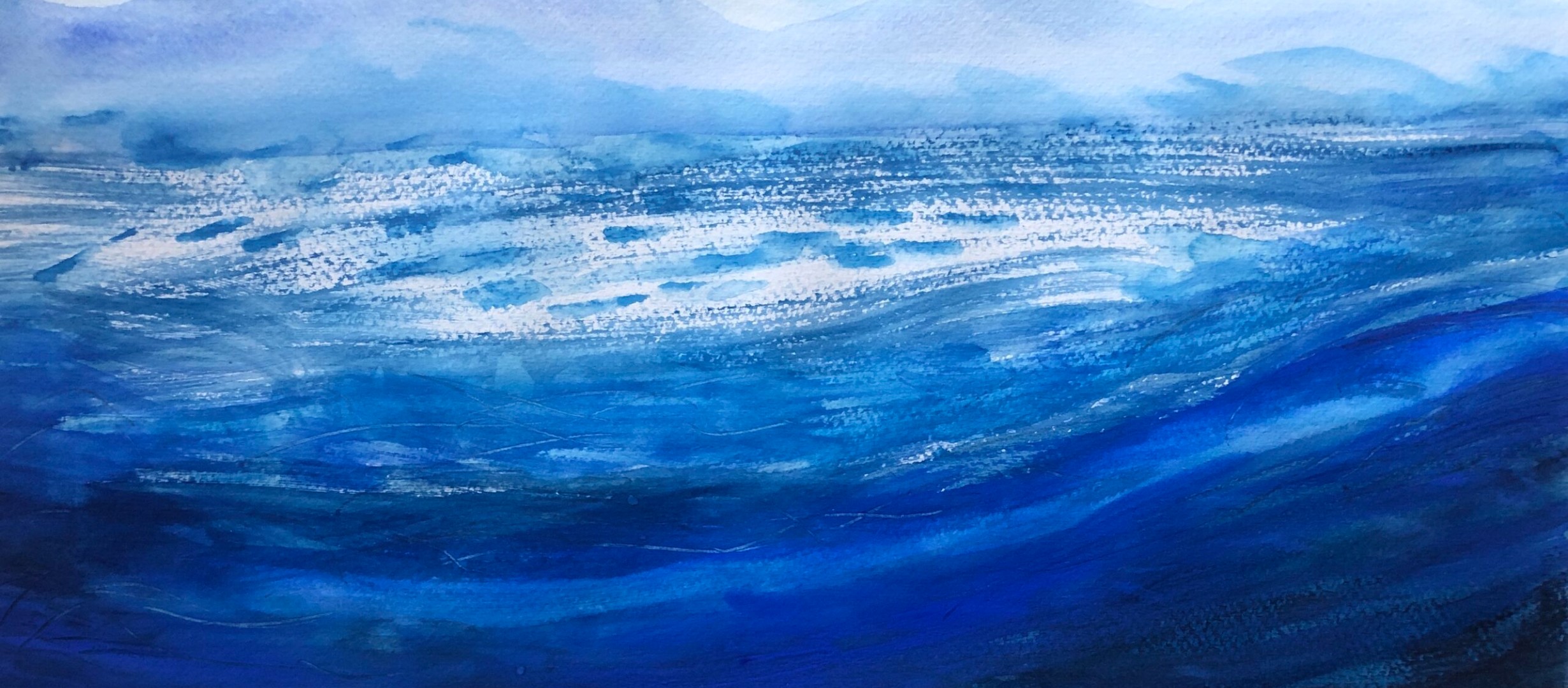 A watercolour study in blue expressing the feeling of a wave
