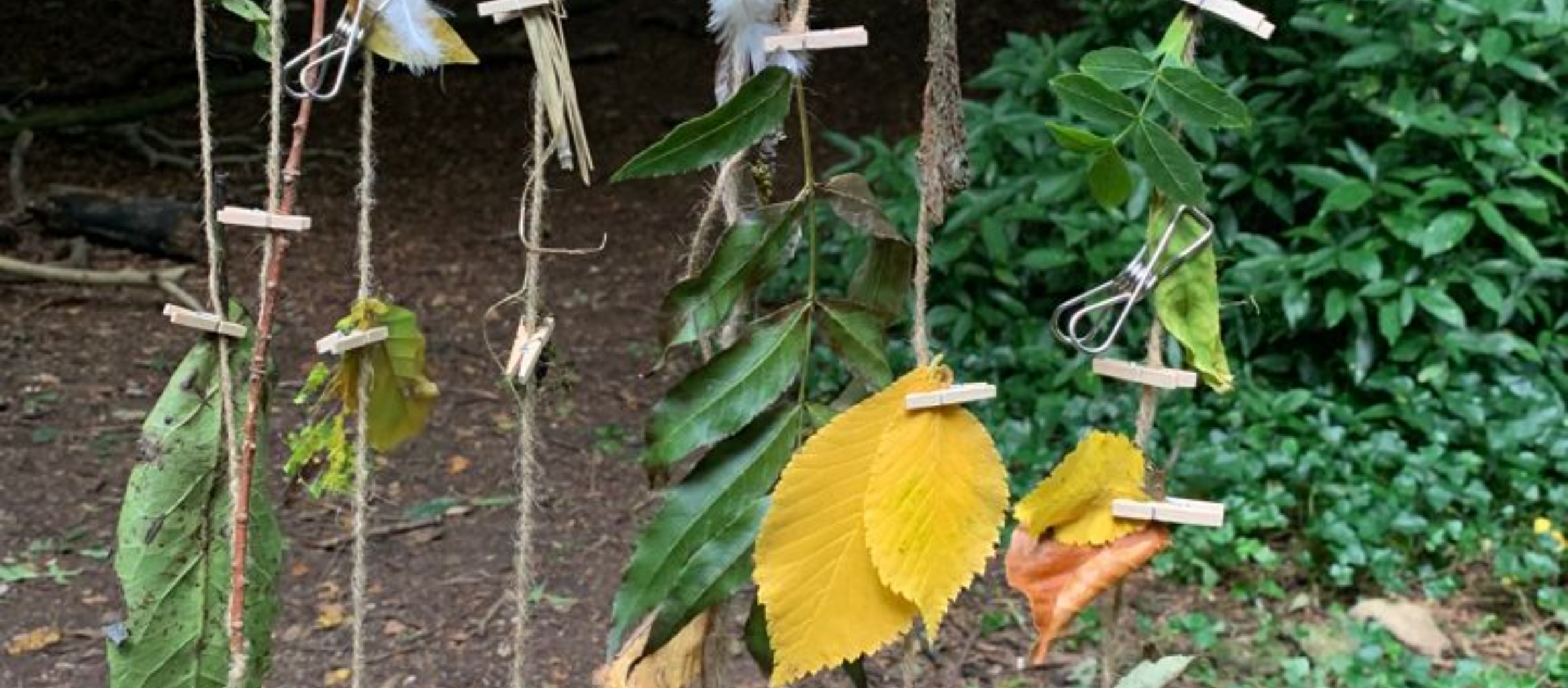 Part of a large hanging mobile made up of different natural materials found in woodland.