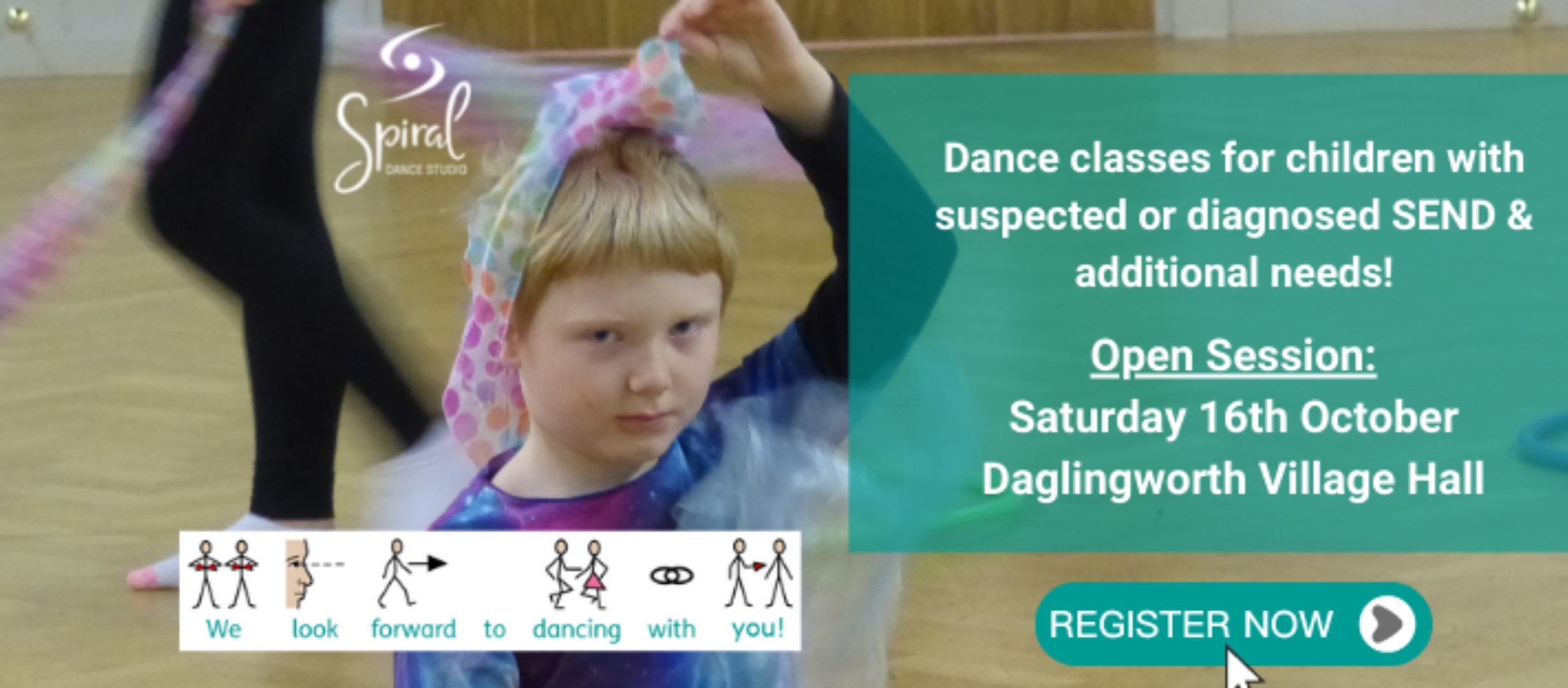 PPhoto of a boy sat on the floor with multi-coloured scarves on lap and on head. A turquoise text box says information about the class.
