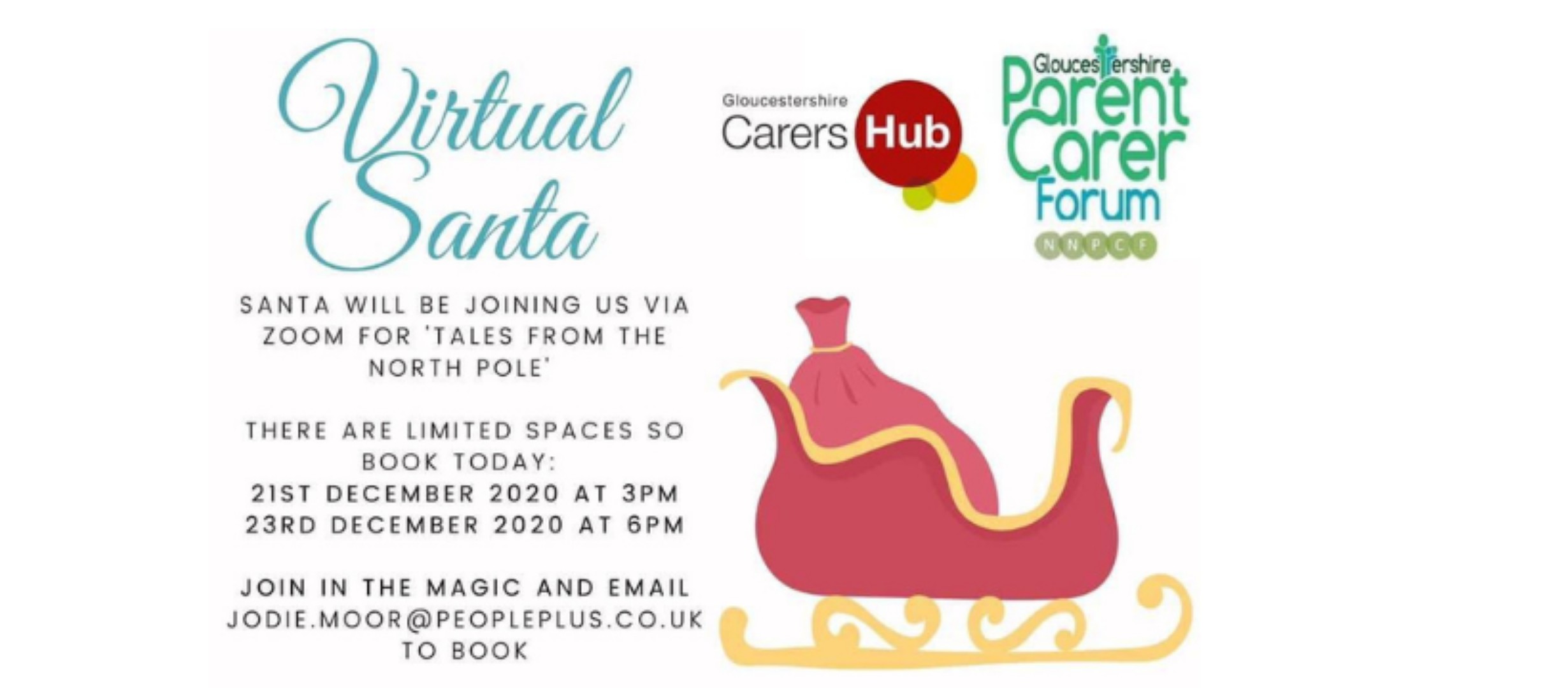 santa's sleigh with a red sack in it and contact info text