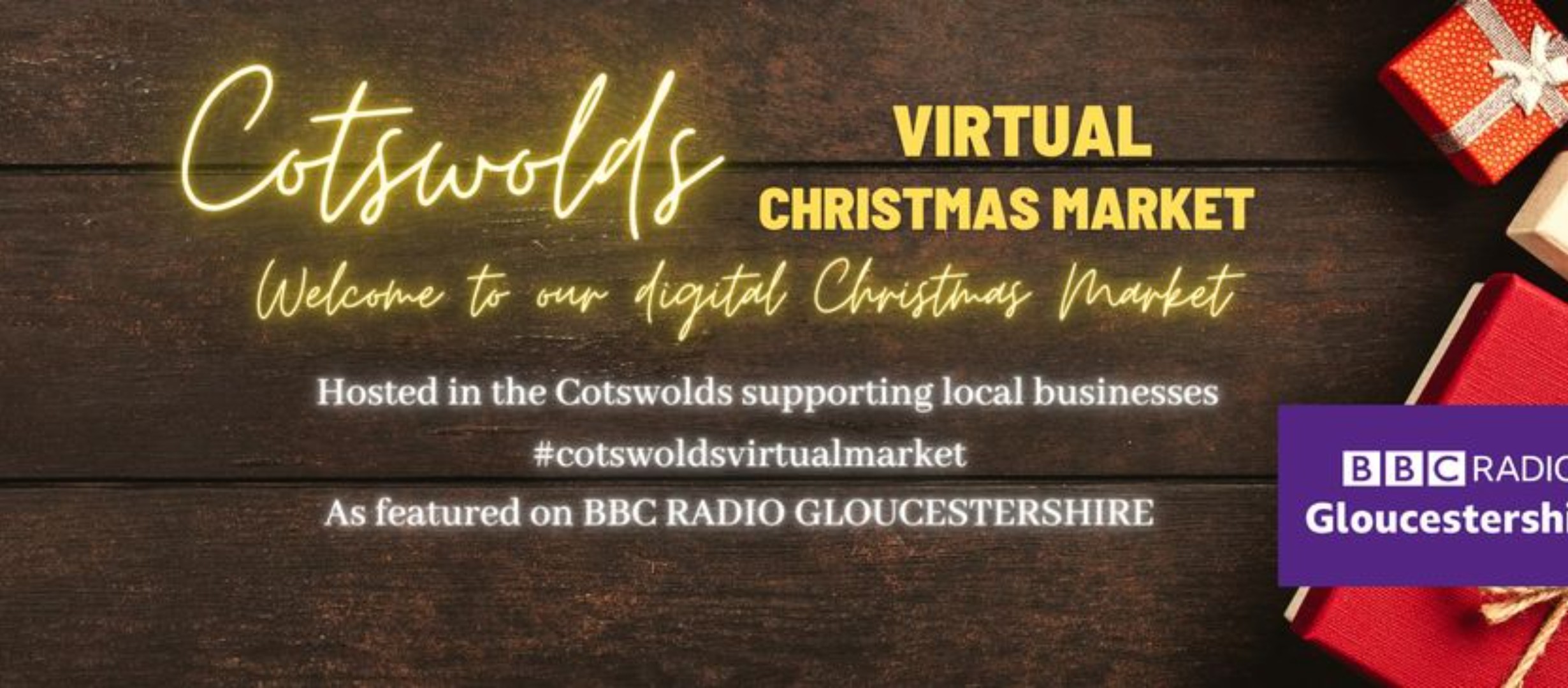 colorful writing showing the Virtual Market welcome next to some wrapped presents