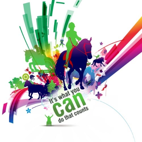 graphic of horses with a rider on one, small graphic of wheelchair user, text reads 'it's what you can do that counts'