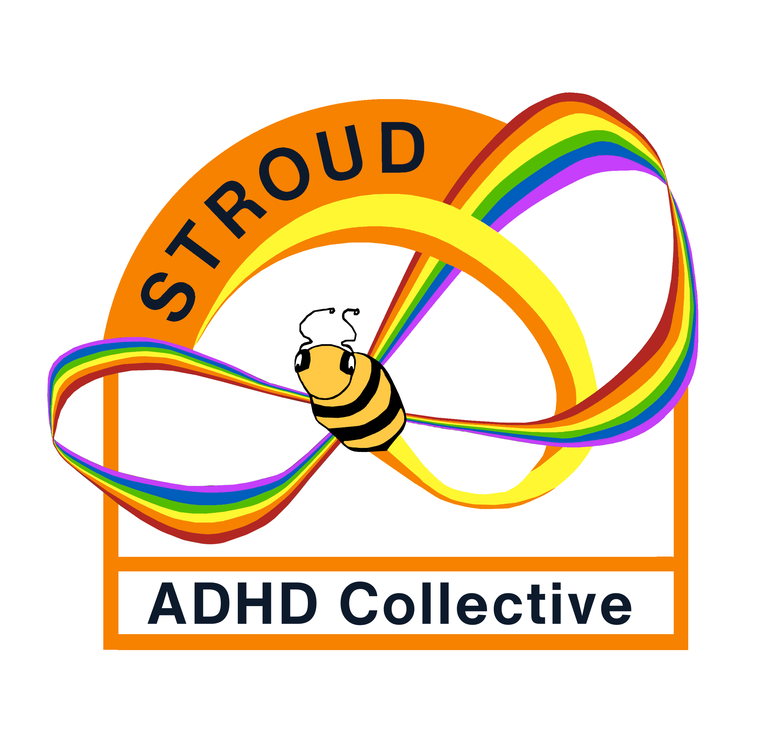 Orange Logo in a shape of a arched hive with the words Stroud ADHD Collective. In the centre is a bee with rainbow wings in an infinity symbol shape - the sign for ADHD/neurodivergence.