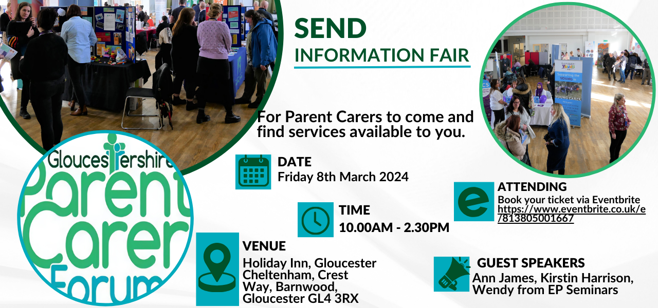 At the top of the picture in a semi circle people stood around chatting by information stands. Two smaller circles overlapping the boom, one with GPCF logo and the other another view of people at stands. Below this venue details and timings for the fair.