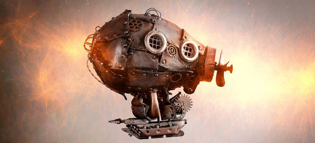 A fantastical steampunk airship made from metal