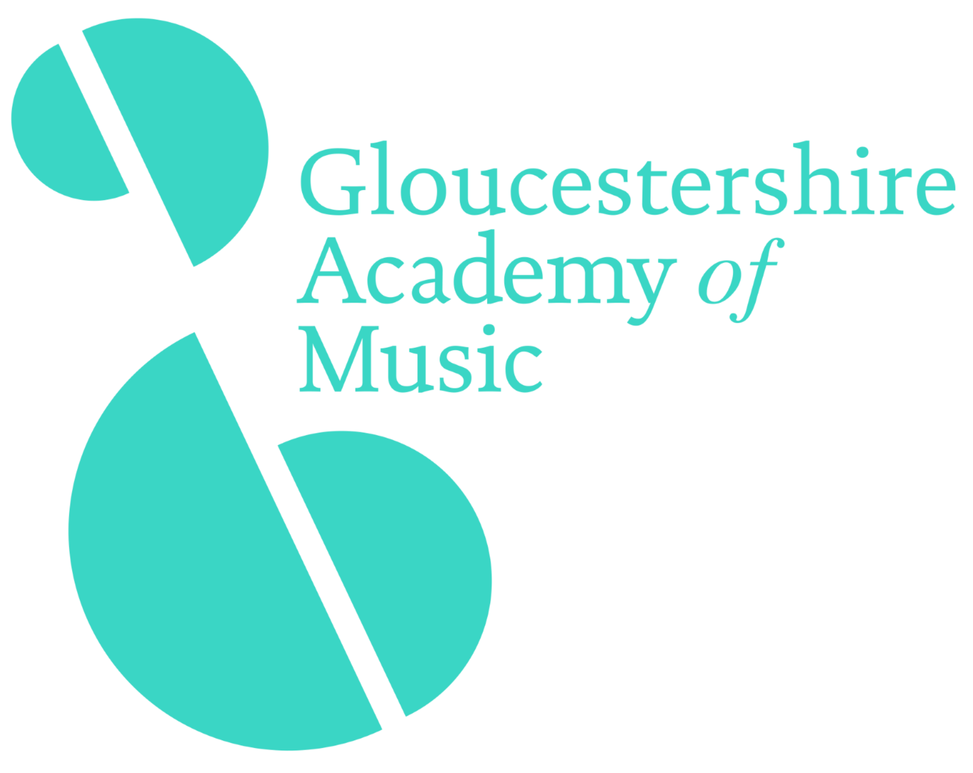 A teal on white logo with a stylised treble clef and the words Gloucestershire Academy of Music next to it