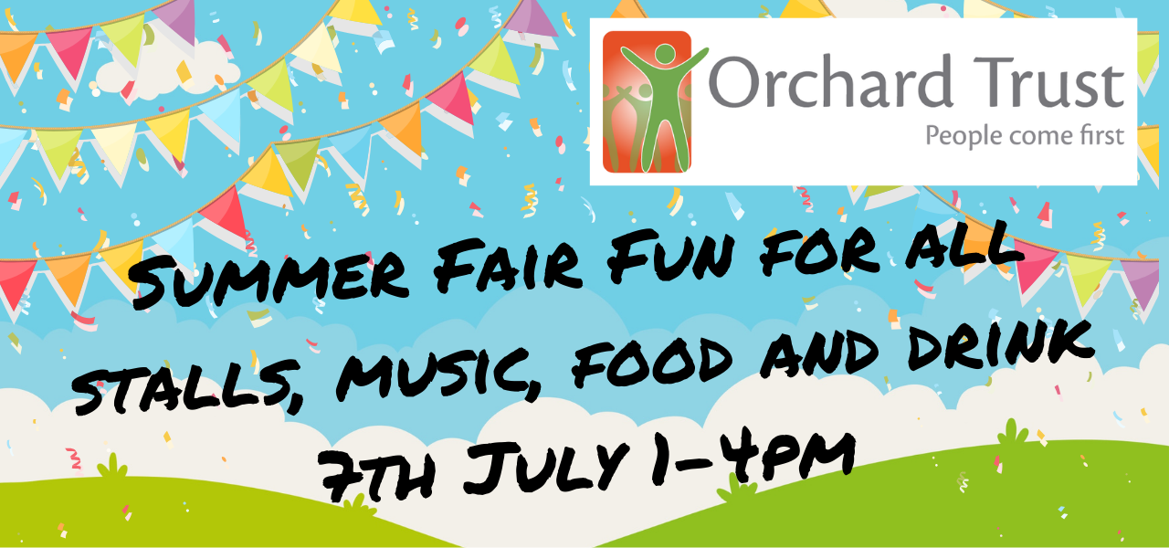 graphic showing bunting test reads: Summer fair fun for all stalls, music, food and drink 7th July 1-4pm