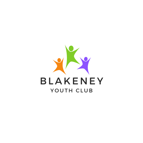 Logo of Blakeney Youth Club featuring three stylized human figures in orange, green, and purple, with arms raised as if celebrating or jumping. The text 'BLAKENEY YOUTH CLUB' appears below the figures in a modern, bold font.