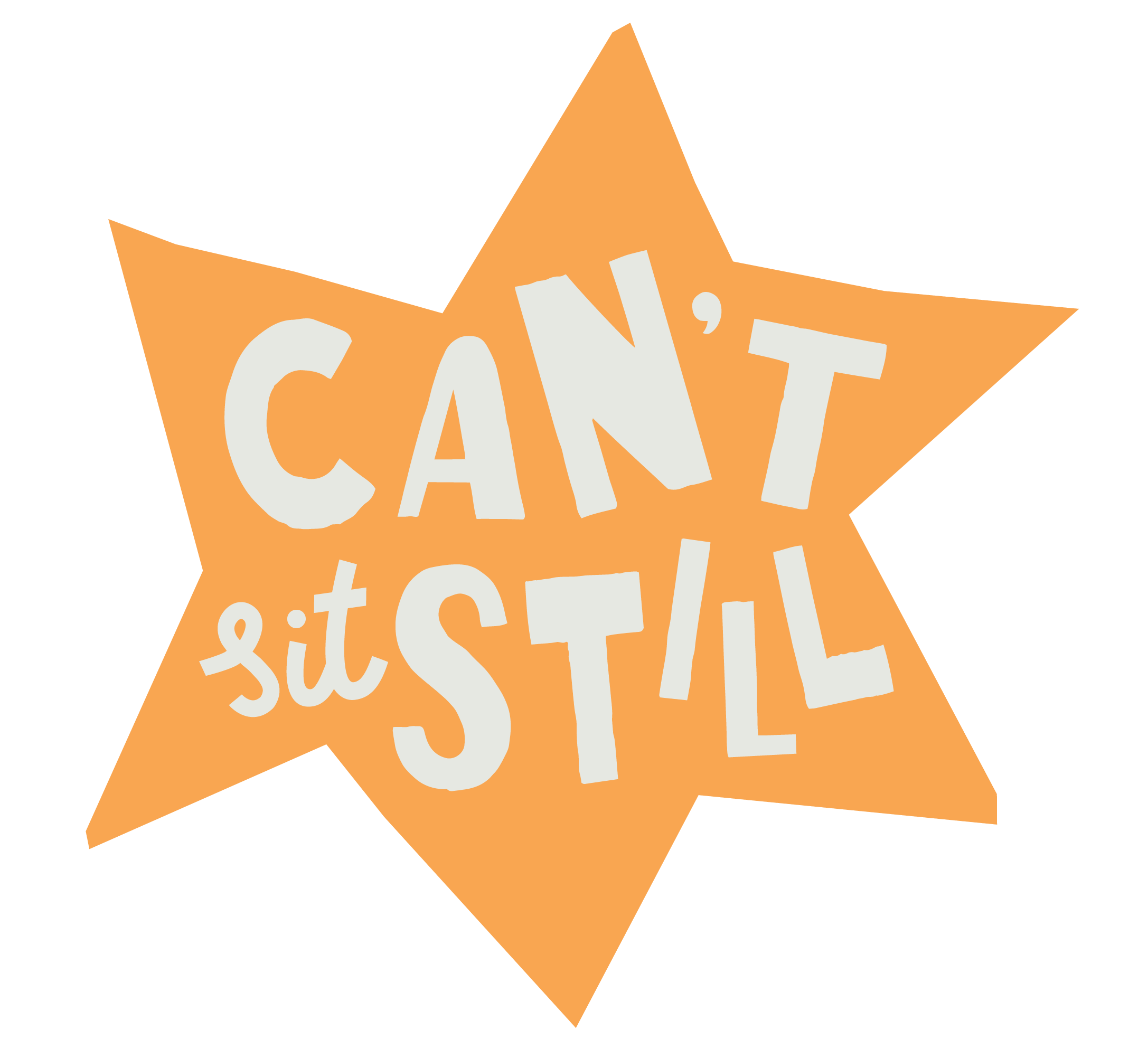 A bright yellow star which is a little wonky. Not symmetrical at all! Three words are written on the star in a yellow grey colour which read Can't Sit Still.
