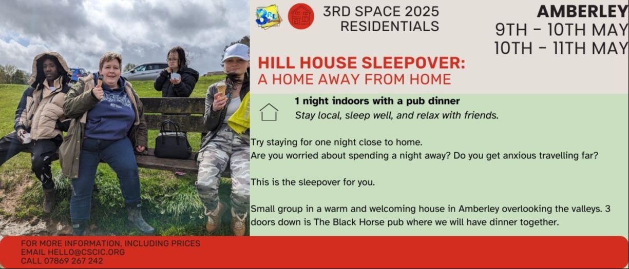 Banner with photo of 4 people enjoying an ice cream on a bench. Written details about the camp (all repeated in the information section below)