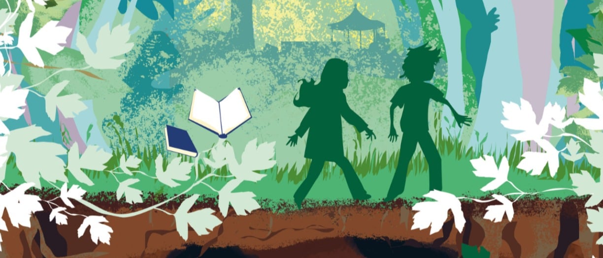 An illustrated image of two children walking in nature. Books appear to be flying with the leaves. Pastel shades of green, blue, white and pink. From 'The Otherlands' by Steve Skinley book illustration by Crumps Barn Studio.