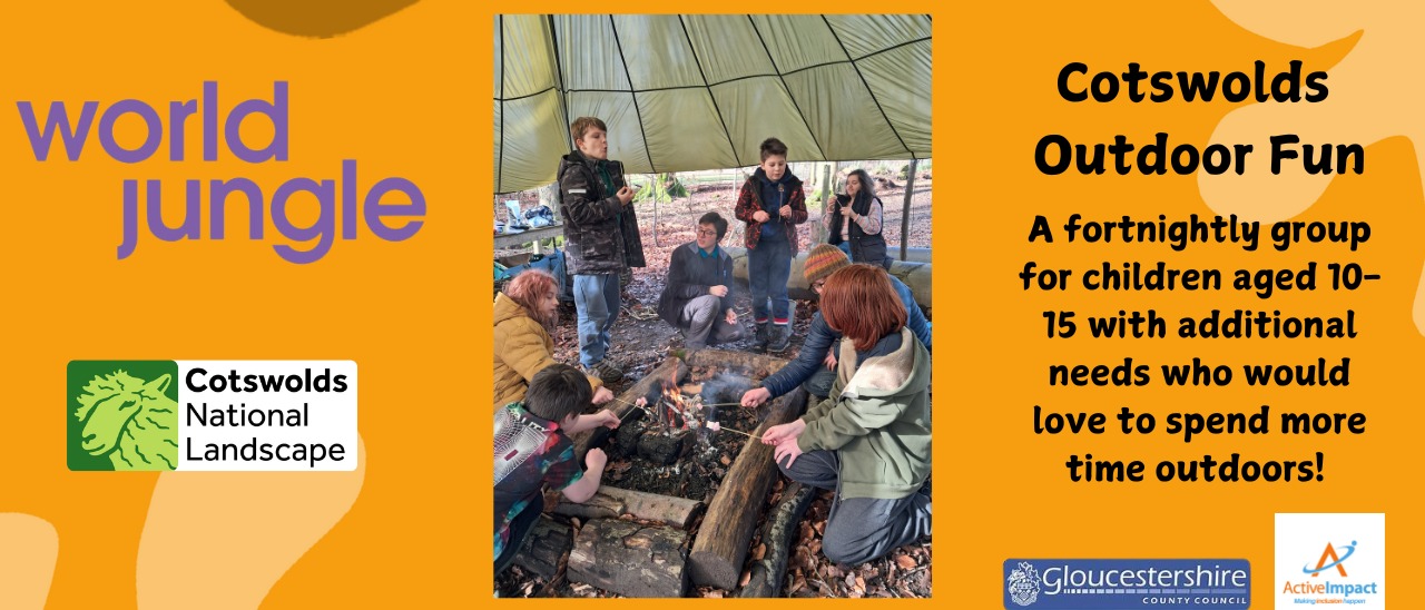 Young people toasting marshmallows on a fire. The image is a poster for a new fortnightly outdoor activities event run by World Jungle and Cotswold National Landscapes.