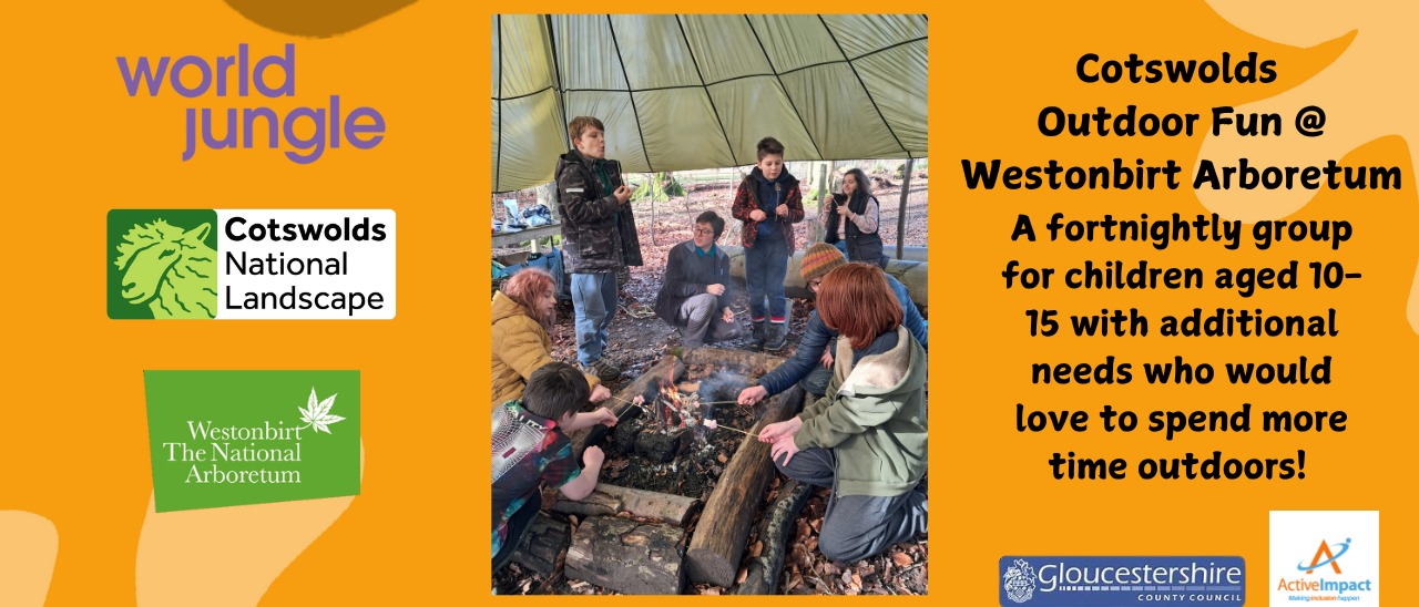 Poster advertising a fortnightly outdoor session with an image of young people toasting marshmallows in the centre.