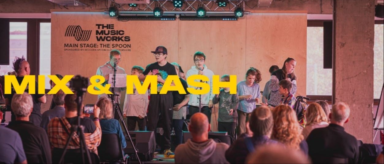 A banner for Mix & Mash Week showing young disabled musicians performign on stage