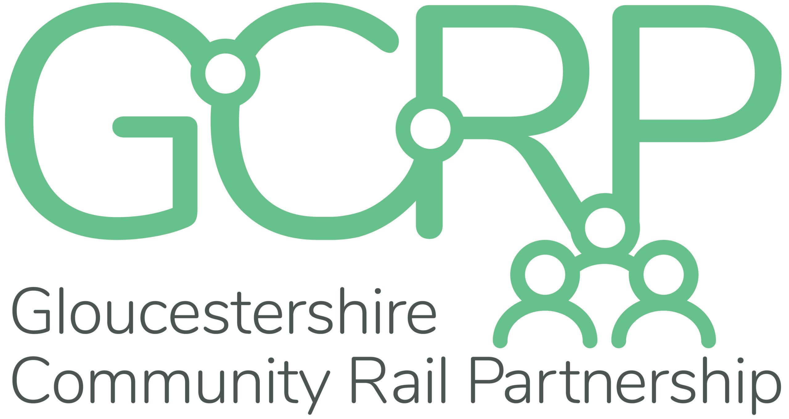 GCRP in green lettering with the outline of three figures in the same shade of green to the bottom right of the logo. Written underneath is 'Gloucestershire Community Rail Partnership'