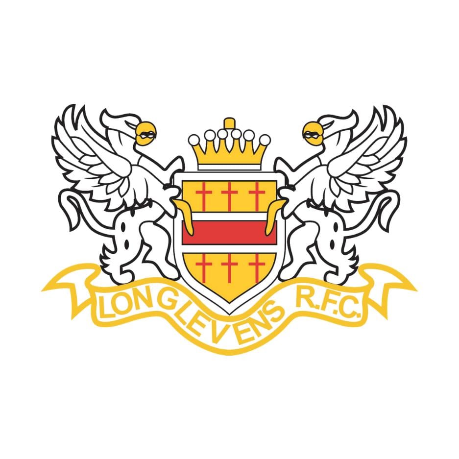 Longlevens Rugby Club crest. Two griffins facing each other with a shield and crown in between them.