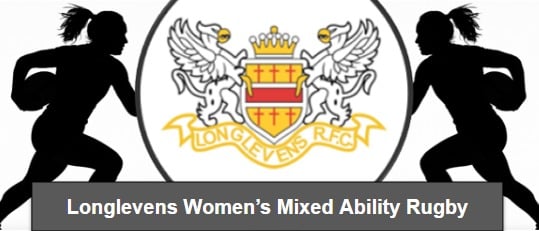 Two silhouettes of ladies running with a rugby ball towards the Longlevens Rugby Football Club crest of two griffins and a shield.