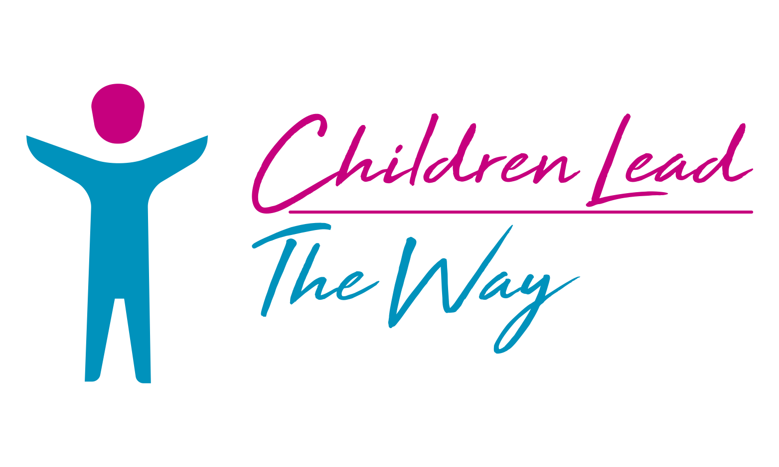 Logo featuring a stylized human figure with arms raised in teal and magenta head, next to the text 'Children Lead The Way'—'Children Lead' in magenta with an underline, and 'The Way' in teal script below.