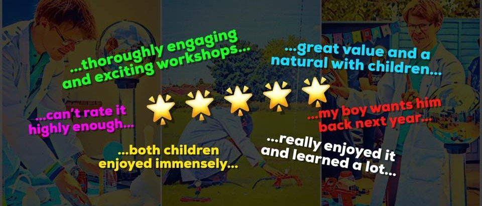 A dark-coloured banner with five golden stars in the centre, and examples of positive feedback given by past clients.