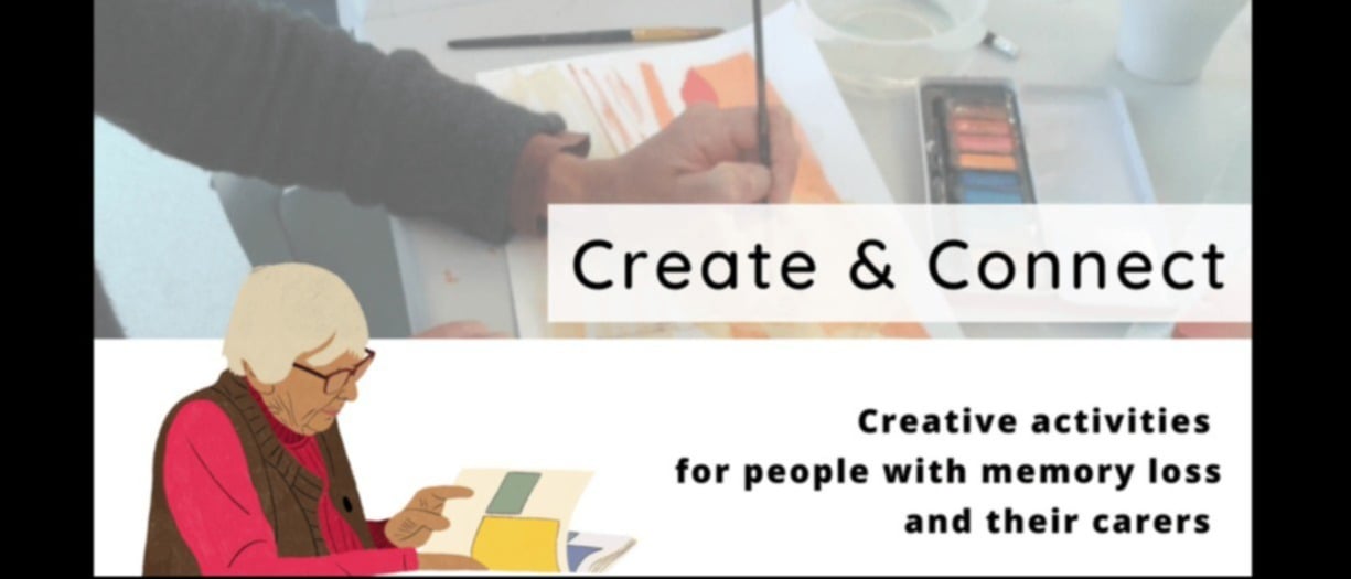 The top photograph is of a person painting with a set of watercolour paints. In the left corner is an illustration of an elderly person reading some books