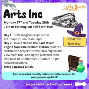 Poster with owl, train, hat and other witch and wizard related symbols