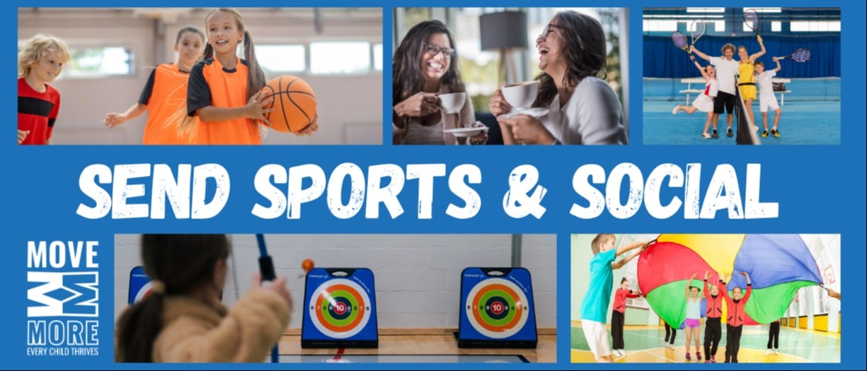 Children playing sports with each other and with their parents. Parents enjoying a coffee and a chat with other parents.