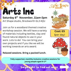 Vibrant poster with illustrations of autumn leaves, mushrooms, and an acorn