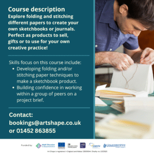 This is a photograph of a man binding a book using a simple stitch
